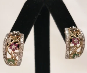 Ross-Simons 14K Gold Over Sterling Silver Floral Ruby Emerald Sapphire Earrings - Picture 1 of 10