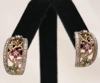 Pendientes Ross-Simons Oro 14K Sobre Plata de Ley Floral Rubí Esmeralda Zafiro Foto 1 de 4