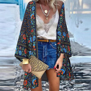 Womens Bohemia Floral Cardigan Kimono Sleeve Beach Cover Up Tops Front Open Coat