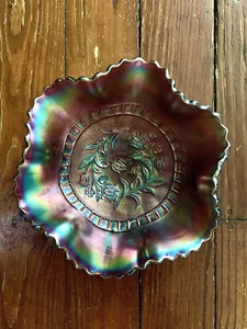 VINTAGE DUGAN IRIDESCENT AMETHYST WINDFLOWER CARNIVAL BOWL, RUFFLED CRIMPED EDGE - Picture 1 of 20
