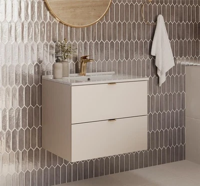 IMPACT FURNITURE Bathroom Vanity Unit with Sink 600mm Wall Cabinet Floating 2 Drawer Beige Dalia
