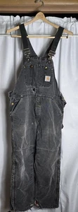 VTG Black Carhartt Bib Overalls Red Quilted Lining USA UNION MADE Thrashed - Picture 1 of 22