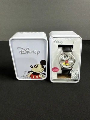 Reloj Pulsera Mickey Mouse Vintage Negro Imitación Cuero Banda Caja Lata - Funciona Foto 1 de 4