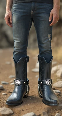 Novo Masculino Prata Metal Western Boot Chains Pulseira Preta Berloques Cruz Sapato Motociclista - Imagem 1 de 4