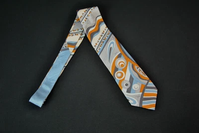 Emilio Pucci 真丝领带蓝色橙色佩斯利圆圈 13925VT — 第 1/4 张图片