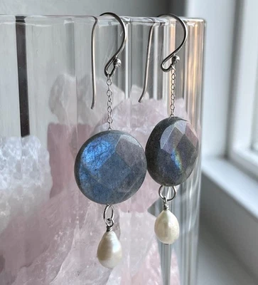 Pendientes largos colgantes grandes facetados moneda y perla de labradorita de plata de ley 925 Foto 1 de 4