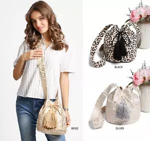 ComfyLuxe Leopard Pattern Small Straw Crossbody Bucket Bag - Picture 1 of 12