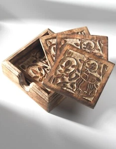 Fair Trade Mango Wood Owl And Tree Design Four Coaster Set & Wooden Holder - Picture 1 of 2