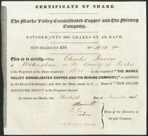 Marke Valley Consolidated Copper & Tin Mining Co., one £10 share, 1846 - Picture 1 of 1