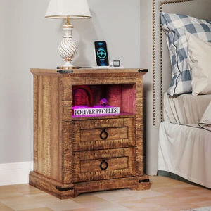 Farmhouse LED Nightstand with Charging Station & 2 Drawers Open Shelf End Table - Picture 1 of 8