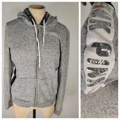 Suéter Rosa Victorias Secret Talla Pequeña Brillante Lentejuelas Cremallera Sudadera con Capucha Gris Y2K Años 90 Foto 1 de 4