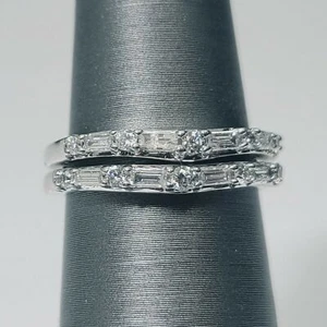 0.20Ct White Round & Baguette Cut CZ Two Wedding Bands Solid 925 Sterling Silver - Picture 1 of 4