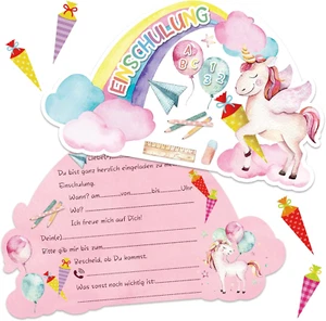 12er Set Einschulung Einladungskarten für Mädchen | Süße Einhorn Regenbogen-Moti - Bild 1 von 6