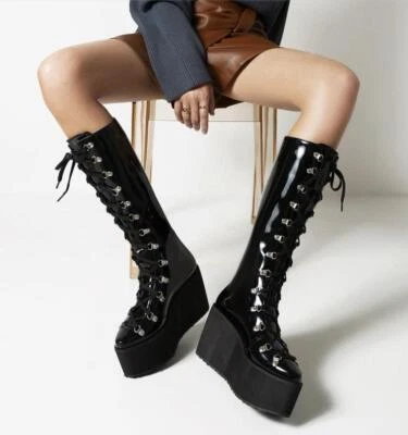 Botas hasta la rodilla para mujer plataforma tacones de cuña forro de piel con cordones zapatos punk elegantes Foto 1 de 4