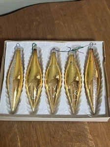 Vintage Mouth Blown Hand Decorated Gold 4.5” Long Glass Ornaments From Colombia - Picture 1 of 7