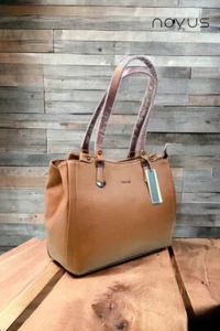 Novus Camel Brown Leather Tote Bag Elegant Structured Handbag with Gold Hardware - Picture 1 of 1