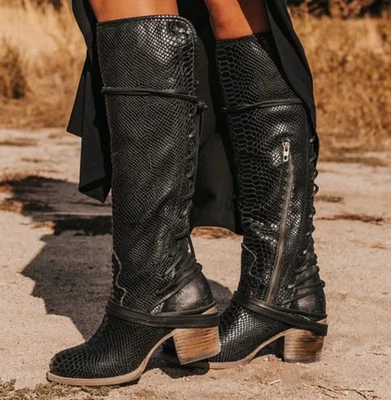 New Freebird by Steven Women Coal Black Snake Boots Size 8 - Image 1 of 4