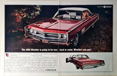 Chrysler 1966 Newport Luxury Classy 2 page ad -1965 Vintage Print Ad - Image 1 of 3