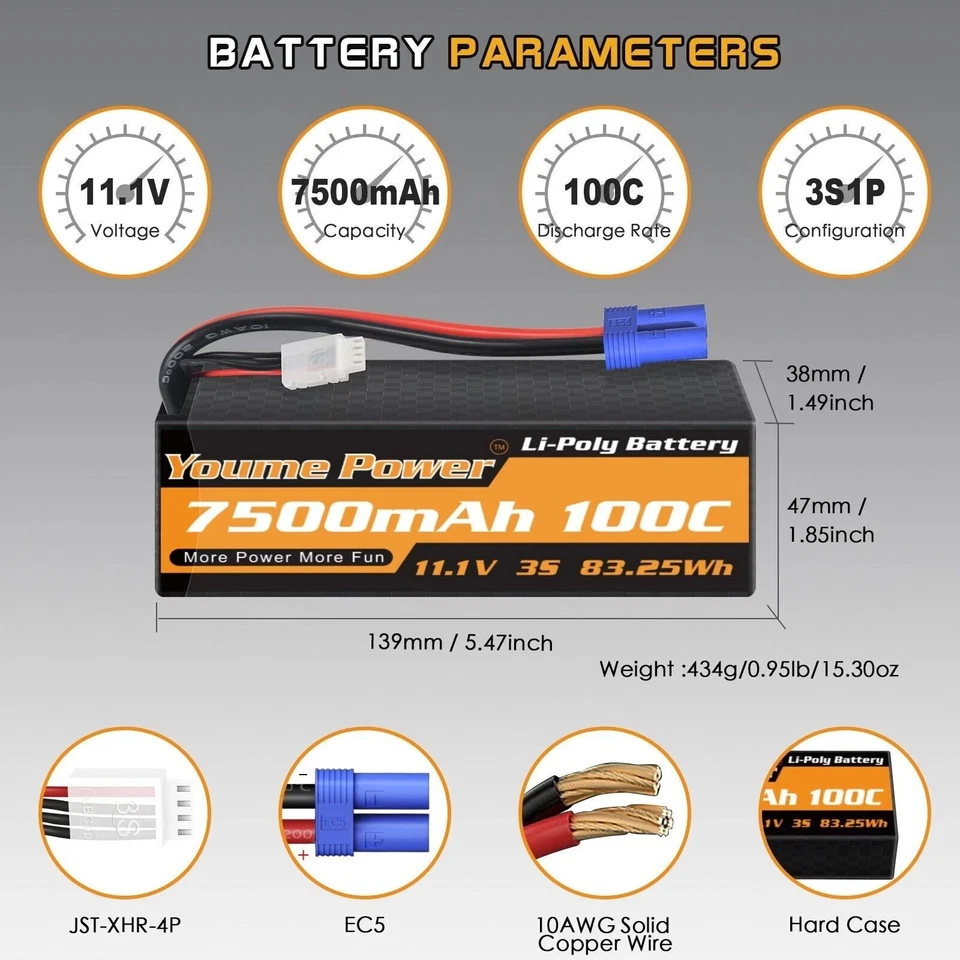 Youme 11,1V 3S 7500mAh RC LiPo Akku 100C EC5 für RC Car