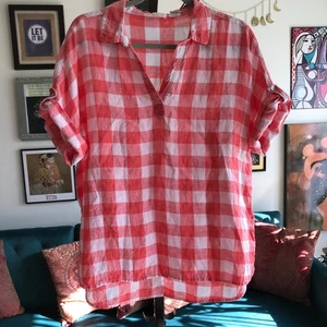 C&C CALIFORNIA size M Red & White Gingham Plaid Popover 100% Linen Blouse Top - Picture 1 of 4