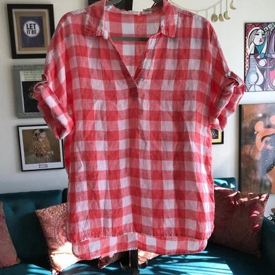 C&C CALIFORNIA size M Red & White Gingham Plaid Popover 100% Linen Blouse Top - Image 1 of 4