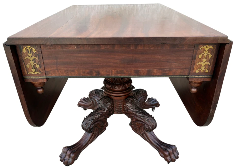 Antique American Drop Leaf table Federal Empire Mahogany Brass Acanthus Paw Feet - Image 1 of 4