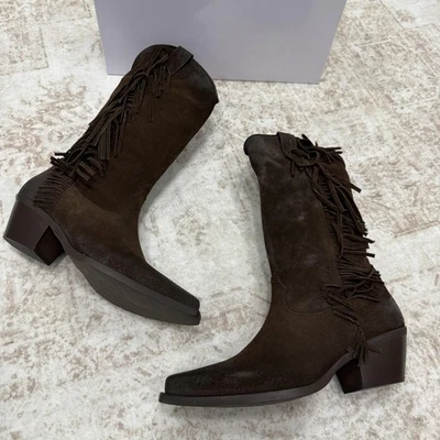 Botas de gamuza con flecos occidentales para mujer talla EU 40 marrón hechas en Italia tacón bloque cremallera Foto 1 de 4
