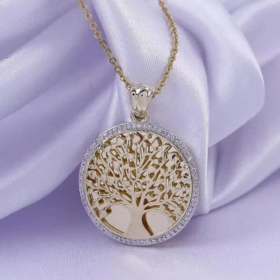 Cadena colgante árbol de la vida diamante cultivado en laboratorio 0,50 quilates redonda oro amarillo sólido de 14 quilates Foto 1 de 4