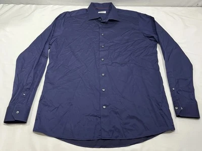 Camisa masculina contemporânea Eton 46/18 azul sólida manga longa botão para cima 100% algodão - Imagem 1 de 4