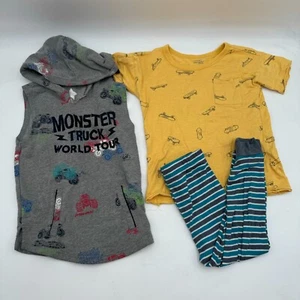 Lot of 3 Size 5T Sleeveless Hoodie Monster Truck Yellow Skate Tshirt Leggings - Picture 1 of 20