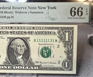 1999 $1 Federal Reserve Note PMG 66 EPQ fancy near solid serial number 11111131 - Picture 1 of 9
