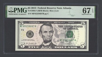 United States-Federal Reserve 5 Dollars 2013 Fr#1996-F (MFB Block) UNC Grade 67 - Image 1 of 2