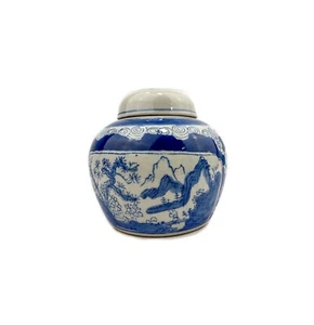 Vintage White & Blue Chinese Lidded Ginger Jar w Plum Tree/Landscape Design - Picture 1 of 17