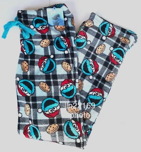 COOKIE MONSTER CHRISTMAS Santa Hat FLEECE LOUNGE PJ PAJAMA PANTS Ladies S M L XL - Picture 1 of 3