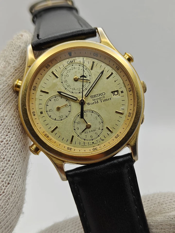 ¡¡Raro!! Reloj para hombre Seiko World Timer cronógrafo de cuarzo relleno de oro de colección 5T52-6A00 Foto 1 de 4