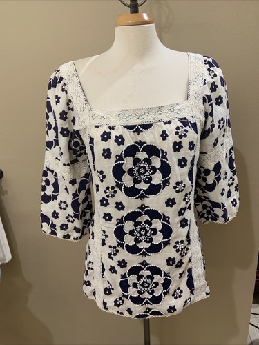 Tory Burch tunica di lino beige navy con perline taglia 10