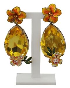 DOLCE & GABBANA Earrings Yellow Crystal Floral Gold Tone Brass Clip On RRP $650