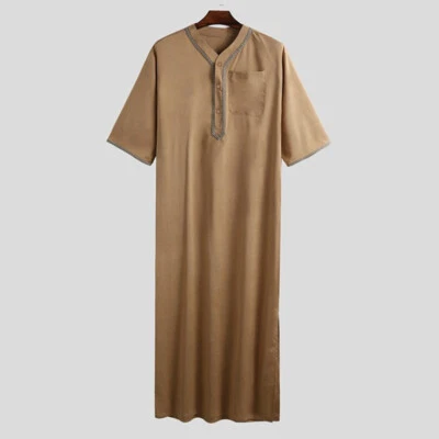 Men Muslim Kaftan Long Sleeve Thobe Saudi Arab Robe Islamic Abaya Dress Costume - Image 1 of 4