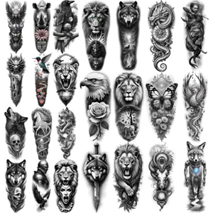 12pcs Temporary Tattoo Black And Grey Realism Eagle Unicorn Hummingbird - Picture 1 of 14