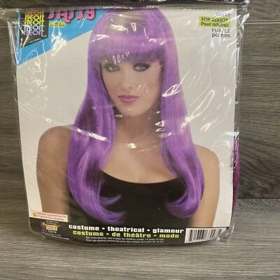 Neon Purple Long Wig 80's Club Retro Fancy Dress Halloween Costume Accessory New - Image 1 of 4