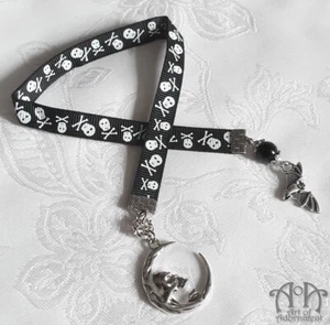 Gothic Punk SKULL RIBBON BOOKMARK Moon Bat Silver Charm Black Pirate Beaded - Picture 1 of 3
