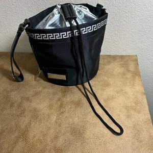 VERSACE PARFUMS Bag Drawstring Purse NEW Black with Greek Key in Silver 2811 - Picture 1 of 5