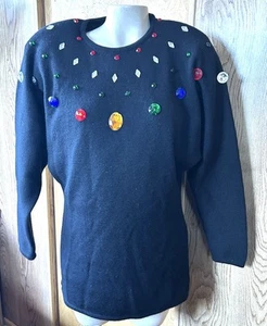ANDREA JOVINE Black Crystal Jewel Embellishment Sweater Top Vtg Wool L Pullover - Picture 1 of 3