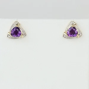 Pretty 10k Yellow Gold, Trillion Amethyst, Diamond Women's Stud Earrings - Picture 1 of 2