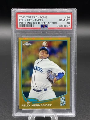 2013 TOPPS REFRATOR CROMADO PITCHING-OURO #34 FELIX HERNANDEZ /50 PSA 10 POP 2  - Imagem 1 de 2