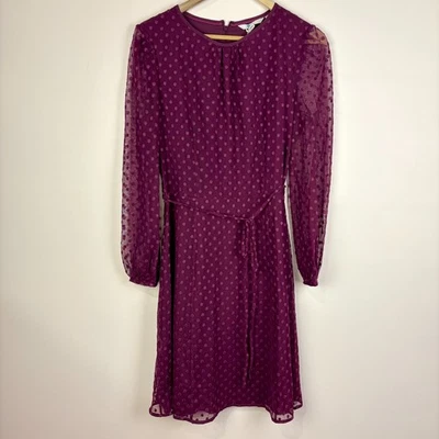 Boden Burgundy Polka Dot Sheer Long Sleeve Dress Waist Tie Women Size 8 Classic - Image 1 of 4
