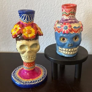 Dia de Los Muertos Candlestick Holder Pair Colorful Folk Art Man & Woman. - Picture 1 of 9