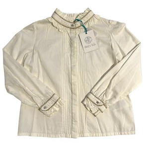 NWT Abel & Lula Long Sleeve Ruffle Neck Button Down Shirt Ivory & Gold Girls 8 - Picture 1 of 9
