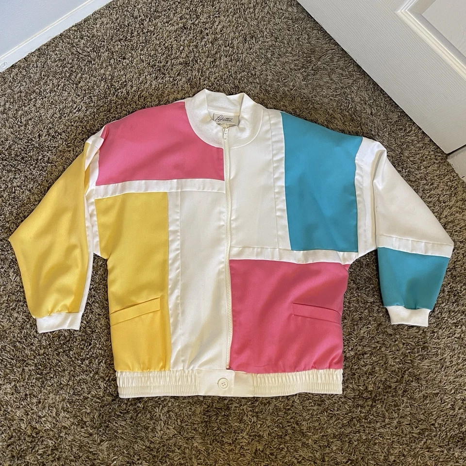 Jaqueta leve geométrica multicolorida década de 1980 M/L design rosa/azul/amarelo - Imagem 1 de 4