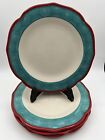 4 Pioneer Woman HAPPINESS Dinner Plates Red Scallop Rim Turquoise Floral Border